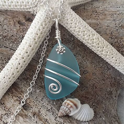 Handmade In Hawaii Wire Wrapped Turquoise Bay Blue Sea Glass Necklace