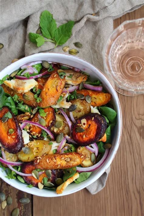 Roasted Cumin Carrot And Halloumi Salad Katie S Kitchen Journal Veggie Recipes Halloumi