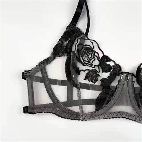 Luxury Erotic Lingerie Piece Set Floral Embroidery Bra Ruffle Garter Women Transparent Sexy