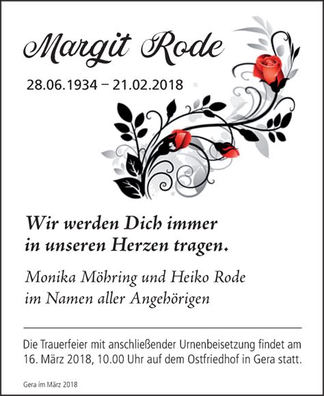 Traueranzeigen Von Margit Rode Abschied Nehmen De