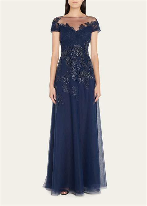 Rickie Freeman For Teri Jon Beaded Applique Ruched Tulle Gown