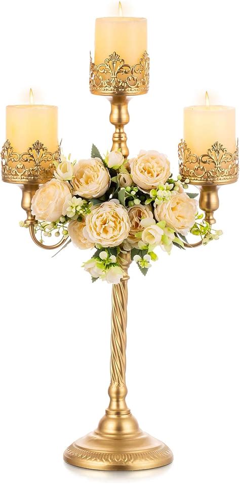 Nuptio Gold Candelabra Pillar Candle Holders Metal 3 Candles Candelabras Centerpiece Vintage