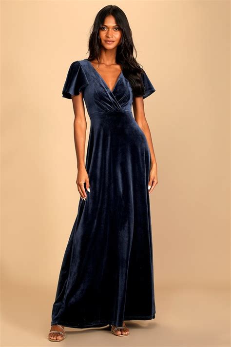 Navy Blue Maxi Dress Velvet Maxi Dress Flutter Sleeve Dress Lulus