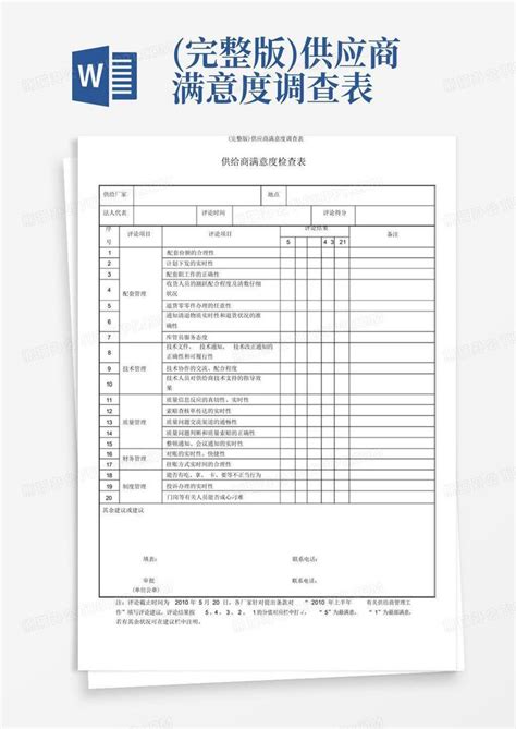 完整版供应商满意度调查表 Word模板下载编号lzjnedjw熊猫办公