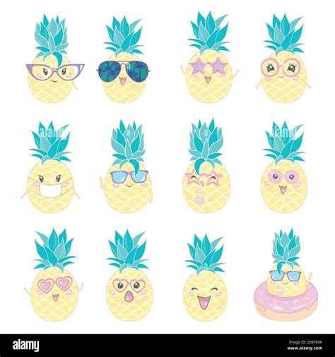 Pineapple Cute Characters Set For Summer Tropical Stickers Vector Illustration Stock Vector