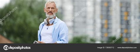 Mature Gay Man Tattoos Grey Beard Taking Break City Stock Photo
