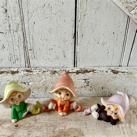 Vintage Elves Pixie Fairies Set Of Three By Homco Ceramic Pottery