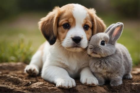 Premium Photo | Little puppy with bunny and chick on the grass Easter ...