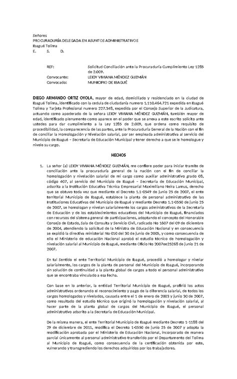 Solicitud Conciliación Procuraduria Homologacion Y Nivelacion Salarial