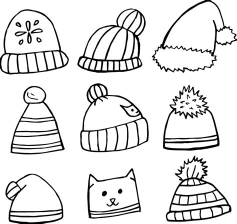 Black And White Winter Hats On White Background Doodle Style Vector