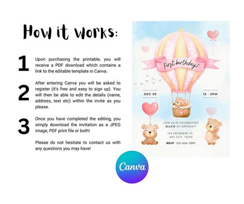 Editable Hot Air Balloon Birthday Invitation Pink Template Etsy