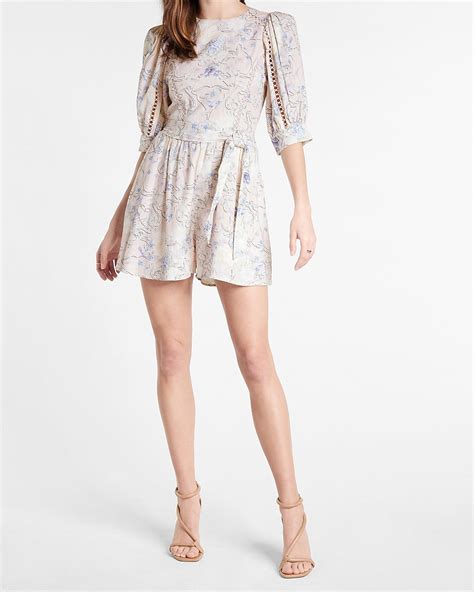 Express Floral Puff Shoulder Tie Waist Romper In White Print