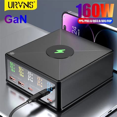 URVNS 160W GaN USB C Power Adapter LED Display Wireless Charger Station