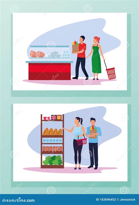 Grocery Stores With People Characters Stock Vector Illustration Of