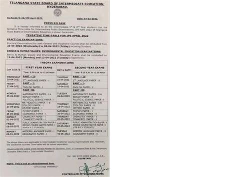 Ts Intermediate Time Table 2022 Out Check Tentative Exam Date Sheet