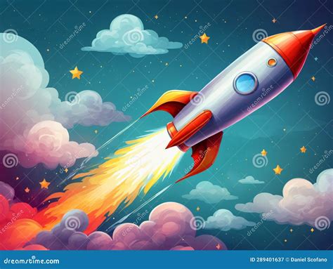 An Illustration Of A Rocket Launching Into The Sky Generative AI Stock