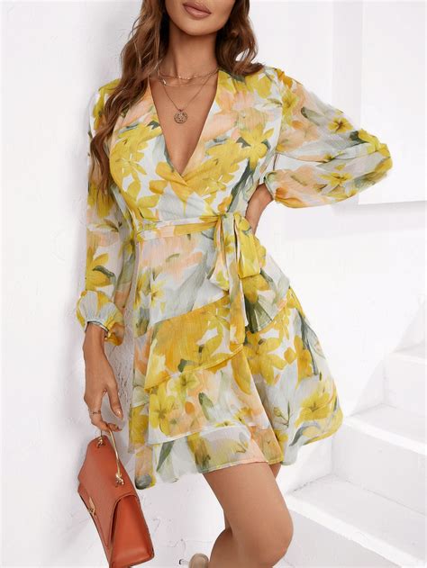 Shein Vcay Floral Print Lantern Sleeve Knot Side Wrap Dress Shein Usa