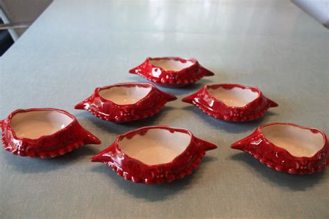 6 Vintage Red Ceramic Crab Shell Serving Dishes Etsy