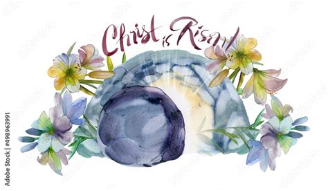 Easter Watercolor Illustration The Cave Of Jesus Christ A Flower