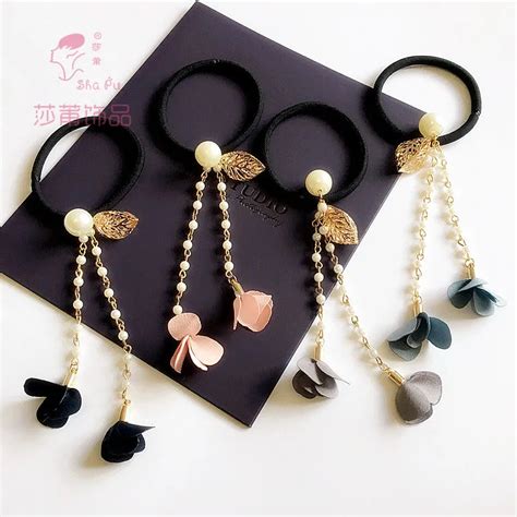 Shapu New Simple Flowers With A Suit Pearl Tassel Hair Bands High Elastic For Rubber Bands Hair