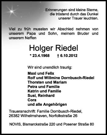 Traueranzeigen Von Holger Riedel Nordwest Trauer De