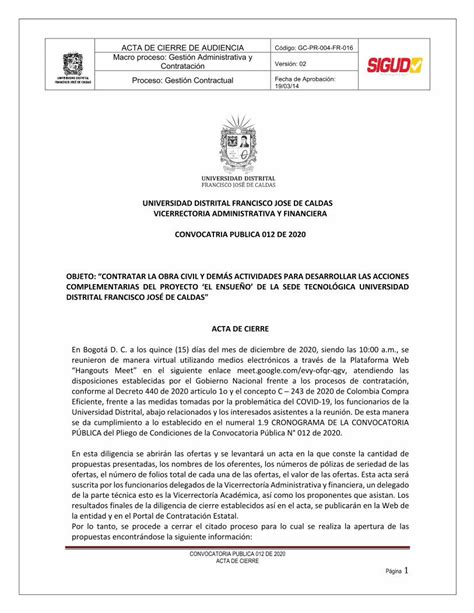 Pdf Acta De Cierre Convocatoria P Blica De Pdfslide Net