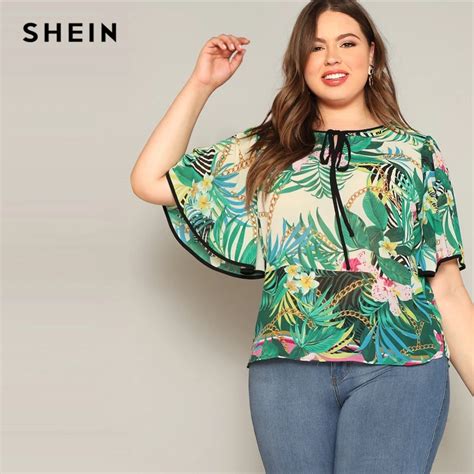 Shein Plus Size Multicolor Tie Neck Contrast Trim Tropical Top Blouse