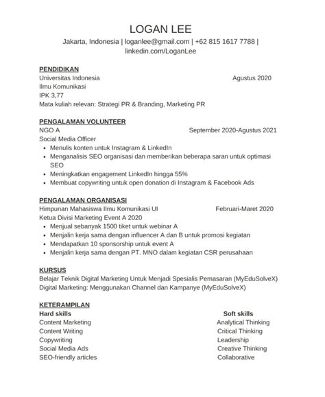 Contoh CV Fresh Graduate Tanpa Pengalaman Yang Menarik 43 OFF