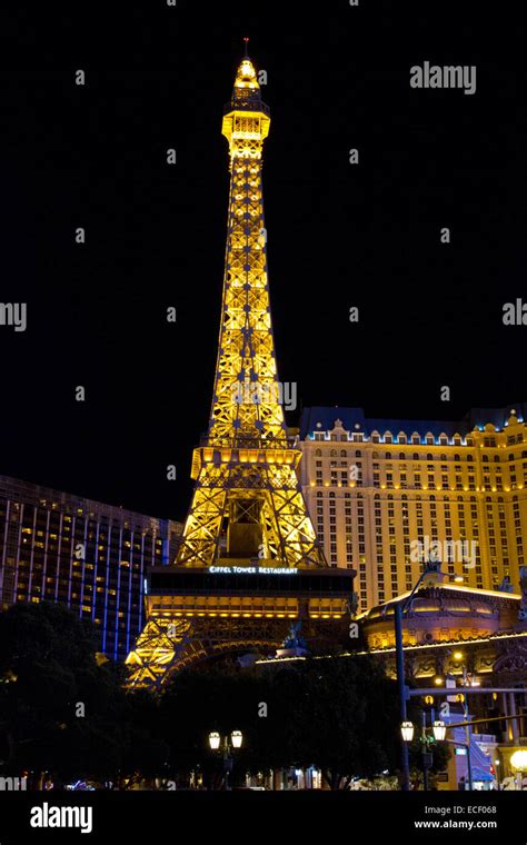 Paris Las Vegas Hotel with Eiffel Tower restaurant illuminated at night ...