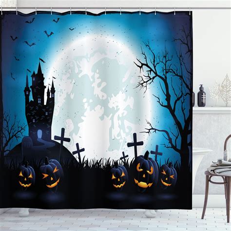 Spooky Halloween Shower Curtain With Moonlit Pumpkins Print Perfect