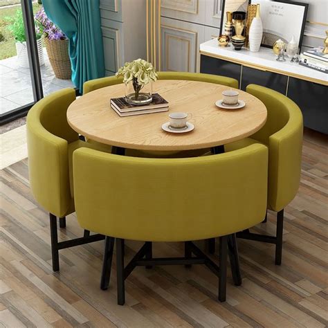 40 Round Wooden 4 Seater Dining Table Set Yellow Upholstered Chairs