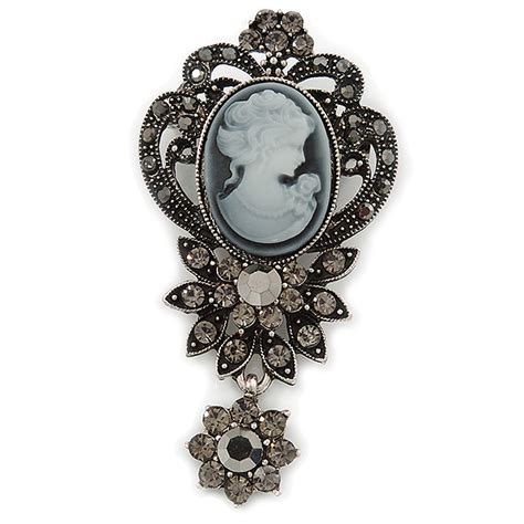 Vintage Cameo Locket Angel Key Flower And Chain Pin Brooch Burn