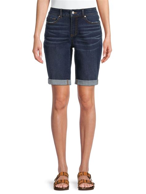 Time And Tru Womens Mid Rise Rolled Cuff Denim Bermuda Short Walmart