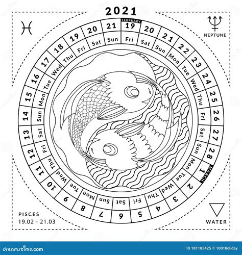 Pisces Zodiacal Coloring Book With Caledar Of Year 2021 Stock Vector