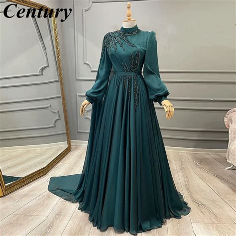 Teal A Linha Abendkleider Manga Longa Rendas Do Vestido Formal Frisado