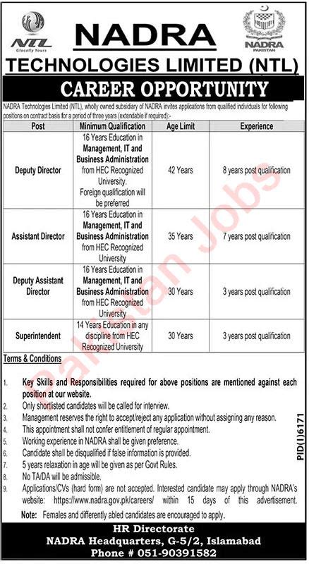 Jobs Announced At Nadra Technologies Limited Islamabad 2023 Nadra