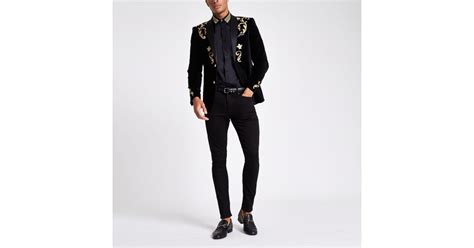 River Island And Gold Embroidered Skinny Fit Blazer In Black For Men Lyst