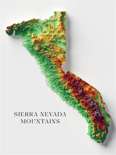 Sierra Nevada Mountains Elevation Map With Relief Effect on Matte Art ...