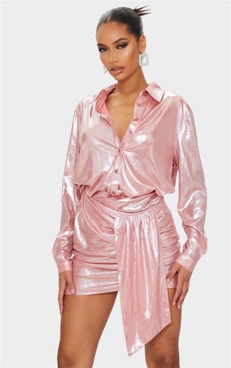 Pink Metallic Button Front Shirt Two Piece Sets Prettylittlething Ksa