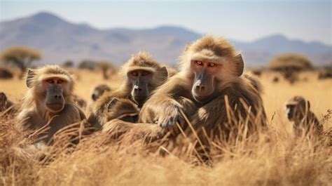 Premium AI Image Photo Of A Herd Of Baboon Resting In An Open Area On