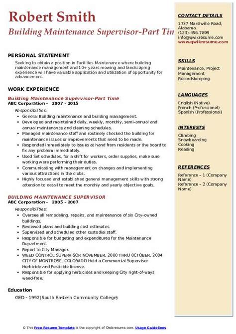 Building Maintenance Supervisor Resume Samples Qwikresume