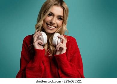 Portrait Charming Blonde Woman Massive Headphones Stock Photo Shutterstock