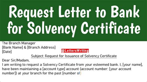 Request Letter To Bank For Solvency Certificate Letters Writing Youtube