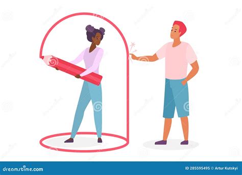 Person Setting Personal Boundaries, Woman Drawing Comfort Boundary Line with Pencil Stock Vector ...