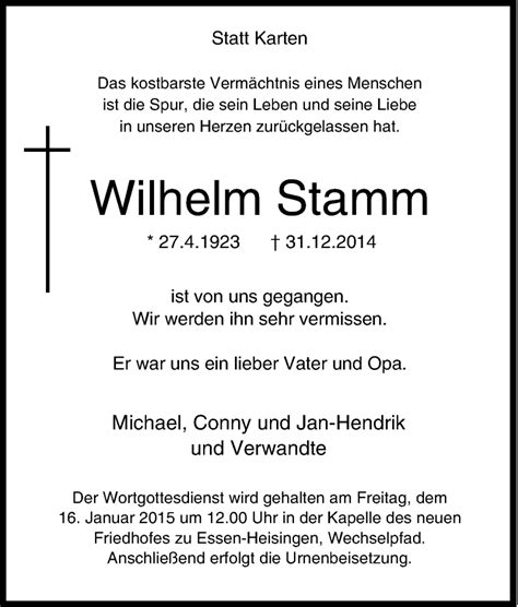 Traueranzeigen Von Wilhelm Stamm Trauer In Nrw De