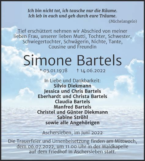 Traueranzeigen Von Simone Bartels Abschied Nehmen De