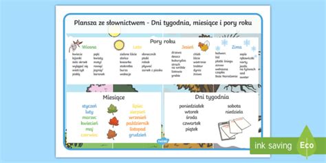 FREE Plansza ze słownictwem Dni tygodnia miesiące i pory roku