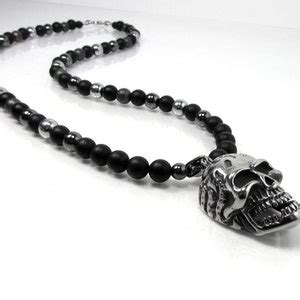 Matte Onyx And Hematite Mens Skull Necklace Natural Gemstone Mens