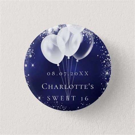 Sweet Navy Blue Silver Glitter Balloon Name Tag Button Zazzle