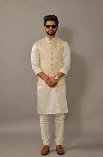 Off White Kurta Payjama Set With Diamond Printed Embroidery Jacket